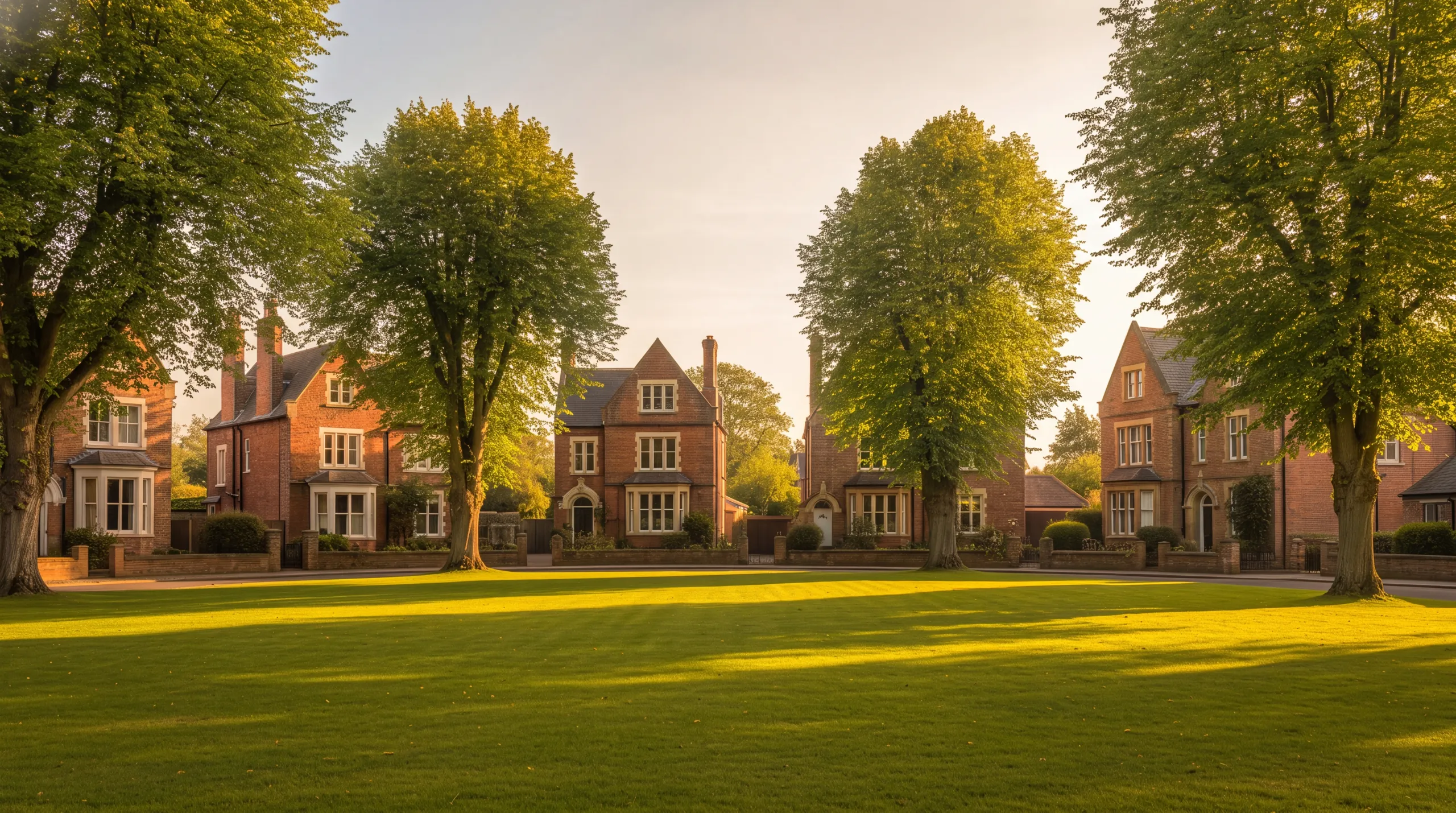 Period brick homes with red-brick gables around a sunlit tree-lined green