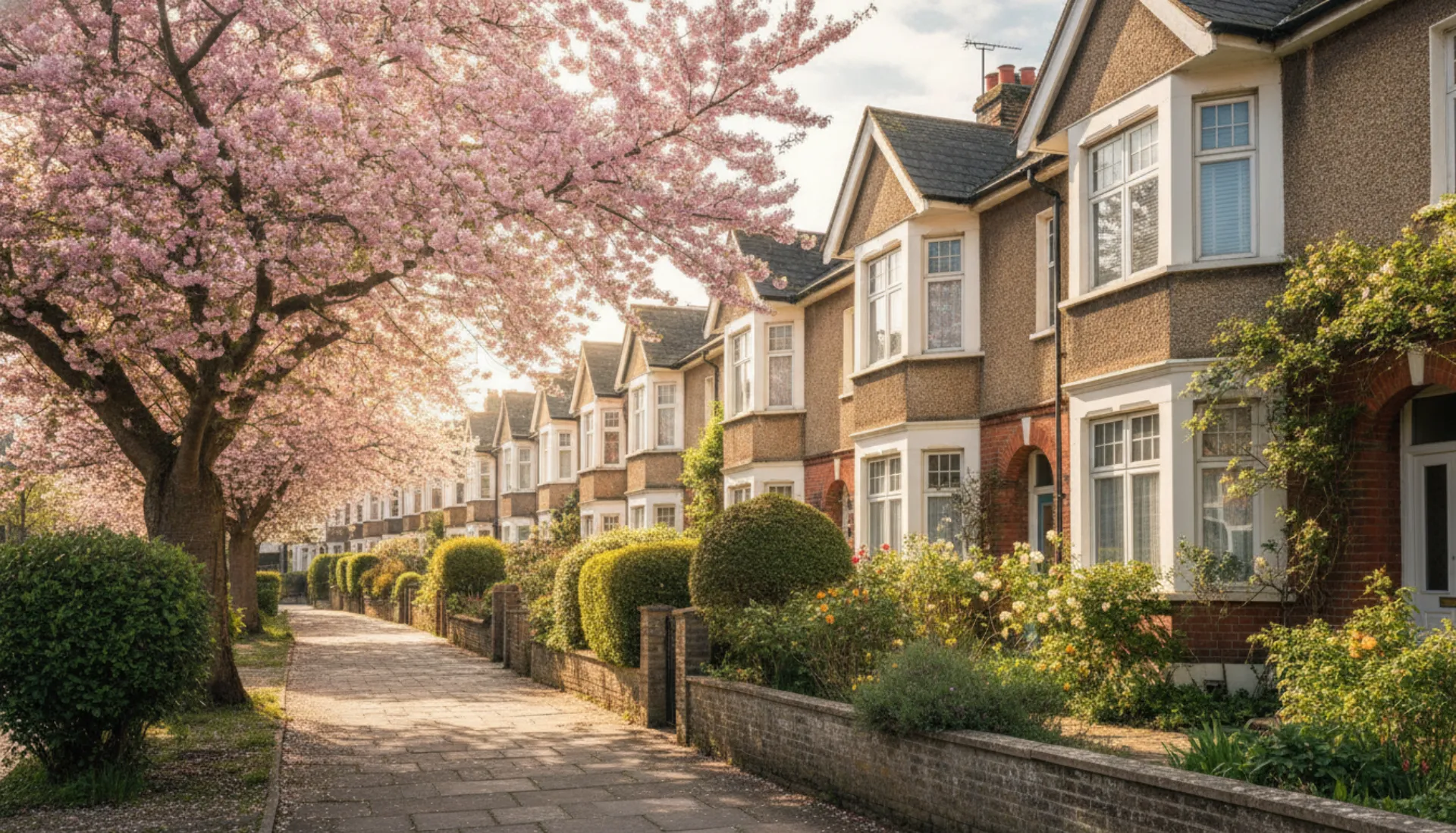 Nineteen-thirties semi-detached homes beneath cherry blossom
