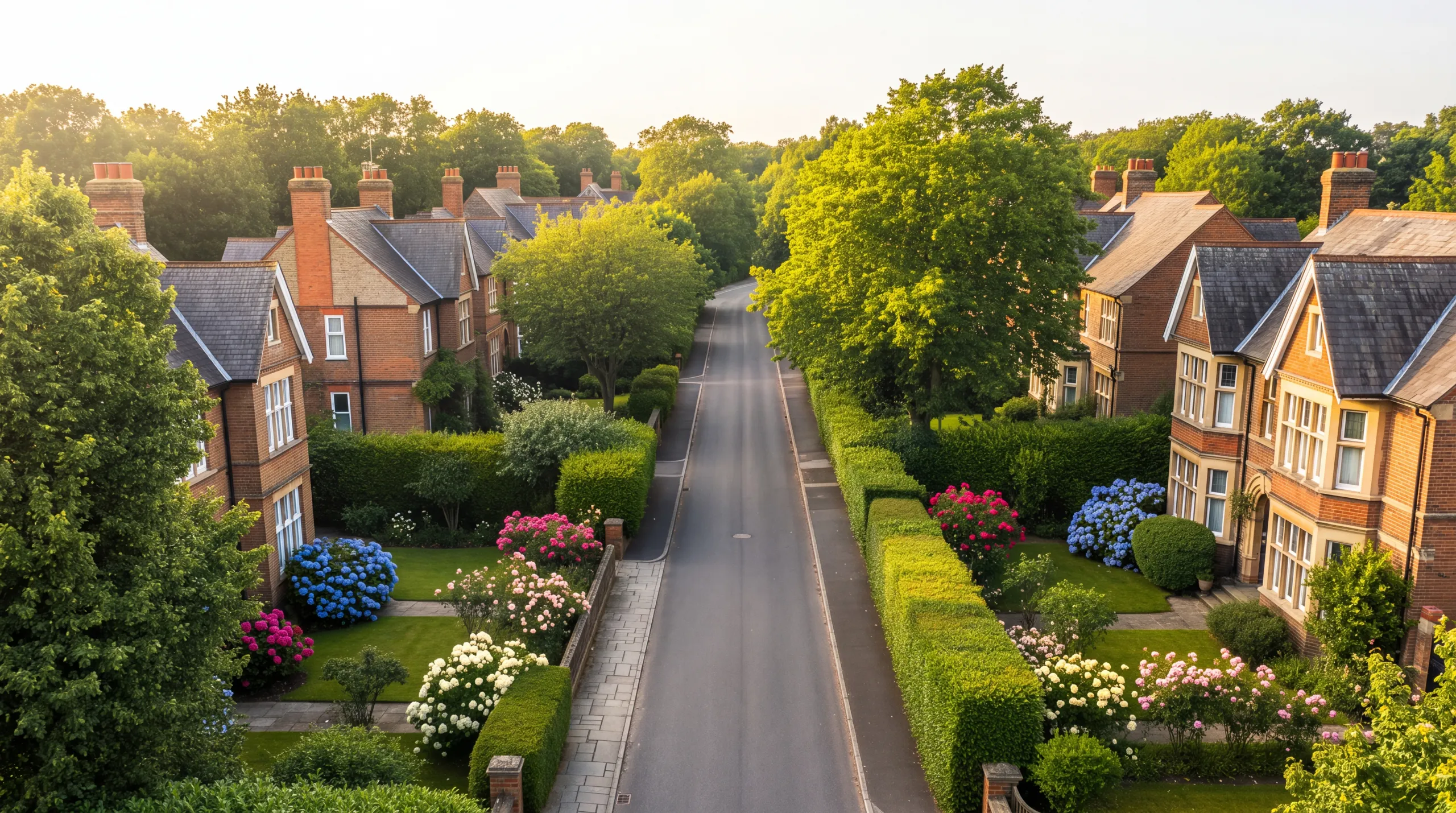 Aerial view down a leafy avenue of established brick family homes with flowering front gardens