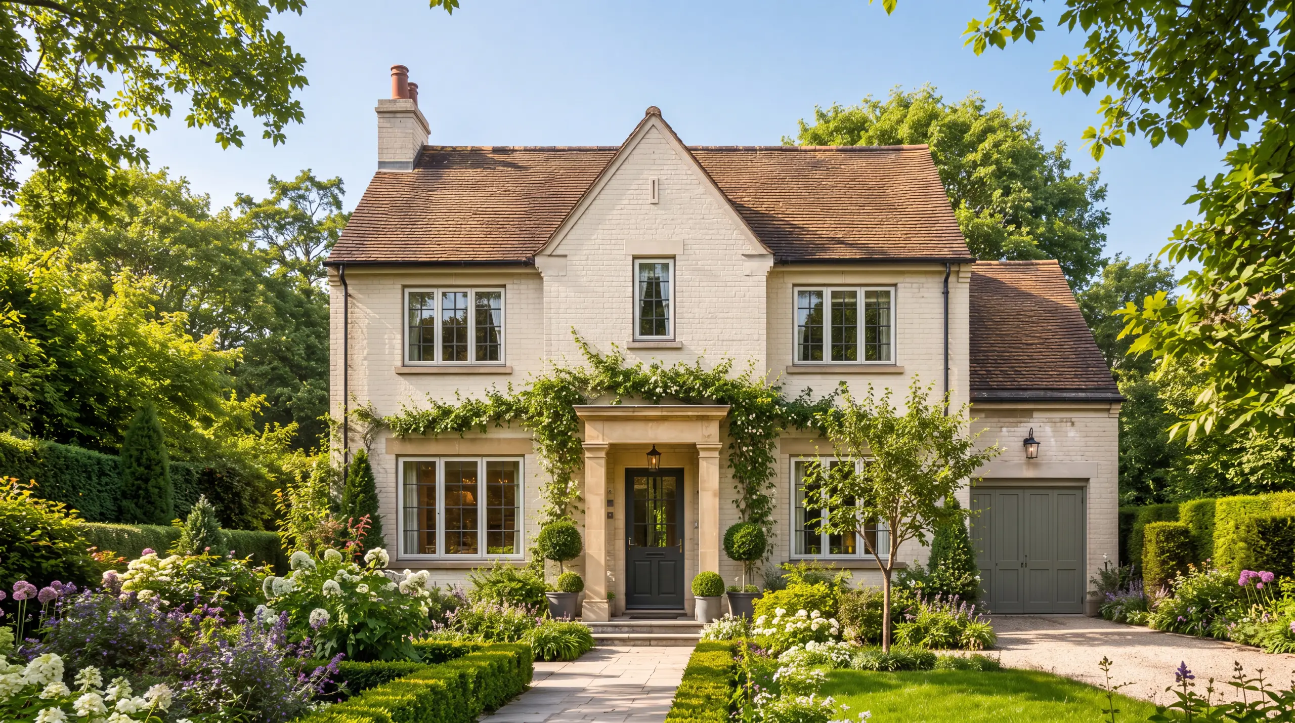 Cream detached house with wisteria and a formal front garden