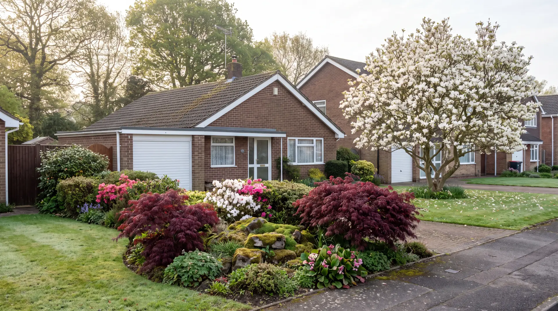 Detached seventies house with acers and magnolia