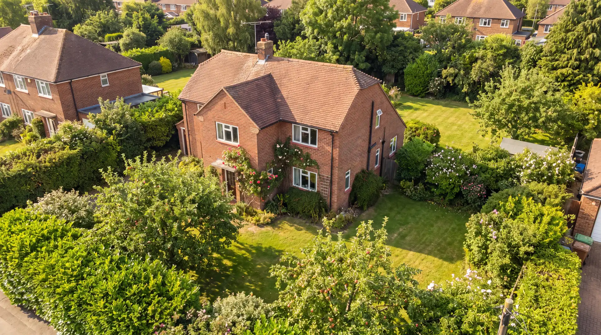 Aerial view of a house wrapped in garden greenery