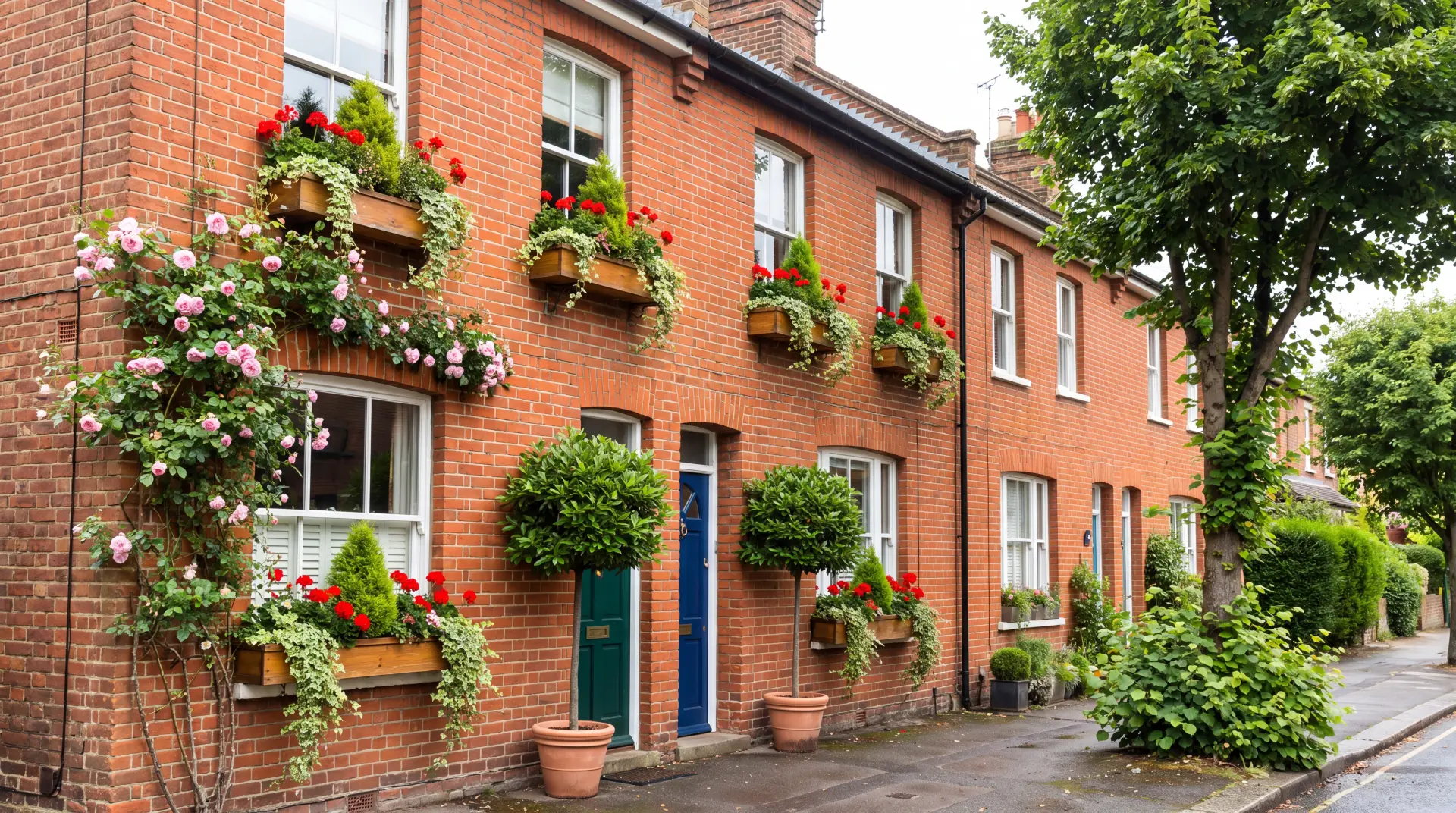 Edwardian terrace with overflowing window boxes